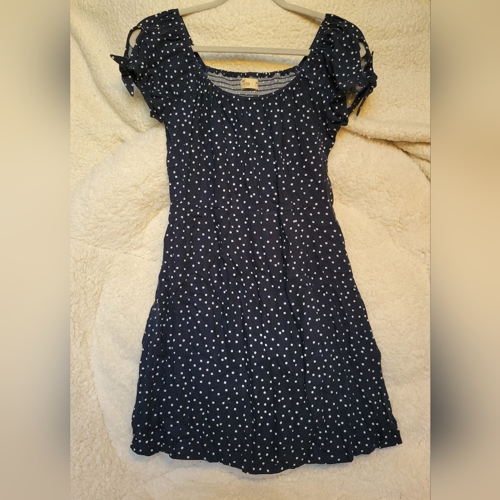 Hollister, Medium, Navy Blue Polkadot Dress with Tie Sleeves